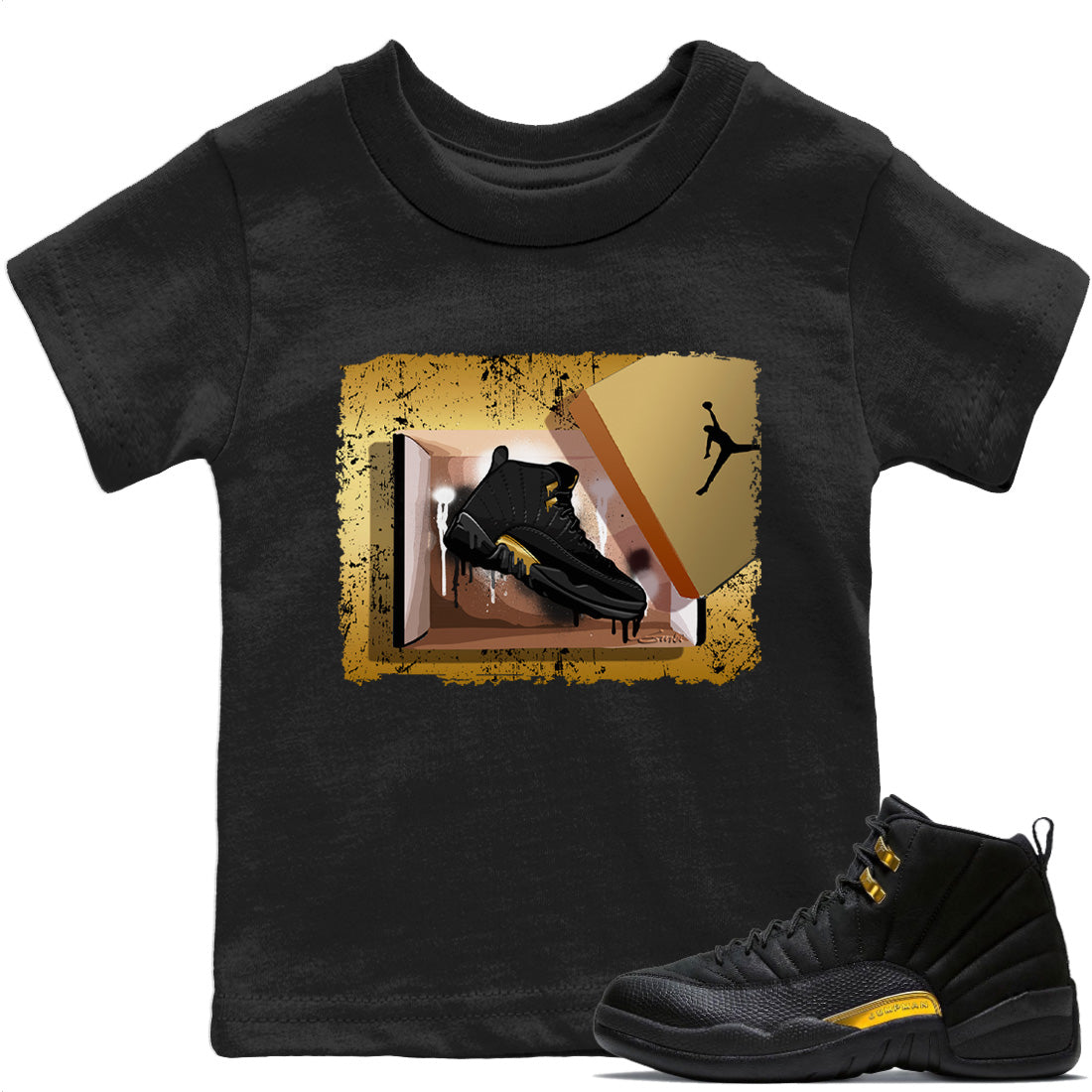 Jordan 12 Black Taxi Sneaker Matching T-Shirt New Kicks Sneaker Tees Jordan 12 Black Taxi Sneaker Release Tees Kids Shirts