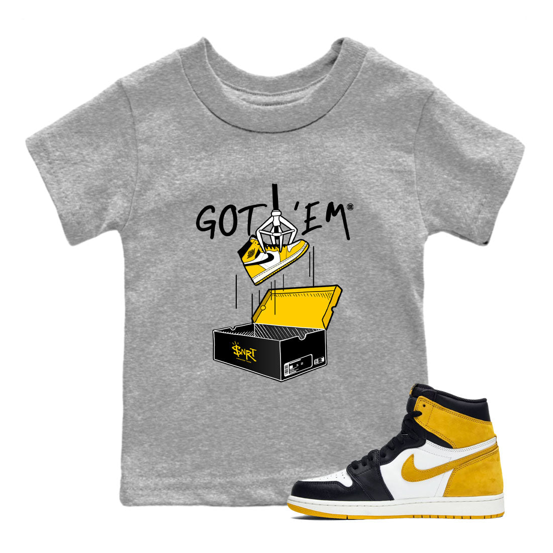 1s Yellow Ochre AJ1 Yellow Toe shirt to match jordans New Treasure Hunter sneaker tees streetwear brand Air Jordan 1 Yellow Ochre Drip Gear Zone Brand baby toddler Heather Grey 1 cotton Shirt