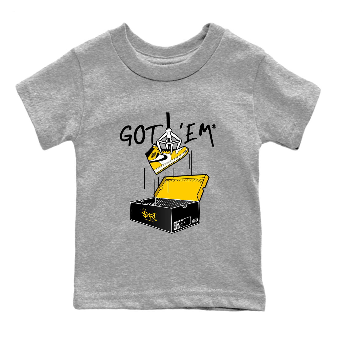 1s Yellow Ochre AJ1 Yellow Toe shirt to match jordans New Treasure Hunter sneaker tees streetwear brand Air Jordan 1 Yellow Ochre Drip Gear Zone Brand baby toddler Heather Grey 2 cotton Shirt