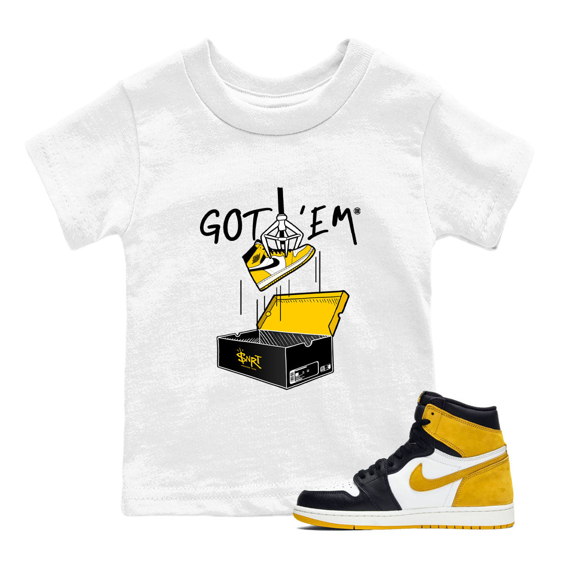 1s Yellow Ochre AJ1 Yellow Toe shirt to match jordans New Treasure Hunter sneaker tees streetwear brand Air Jordan 1 Yellow Ochre Drip Gear Zone Brand baby toddler White 1 cotton Shirt
