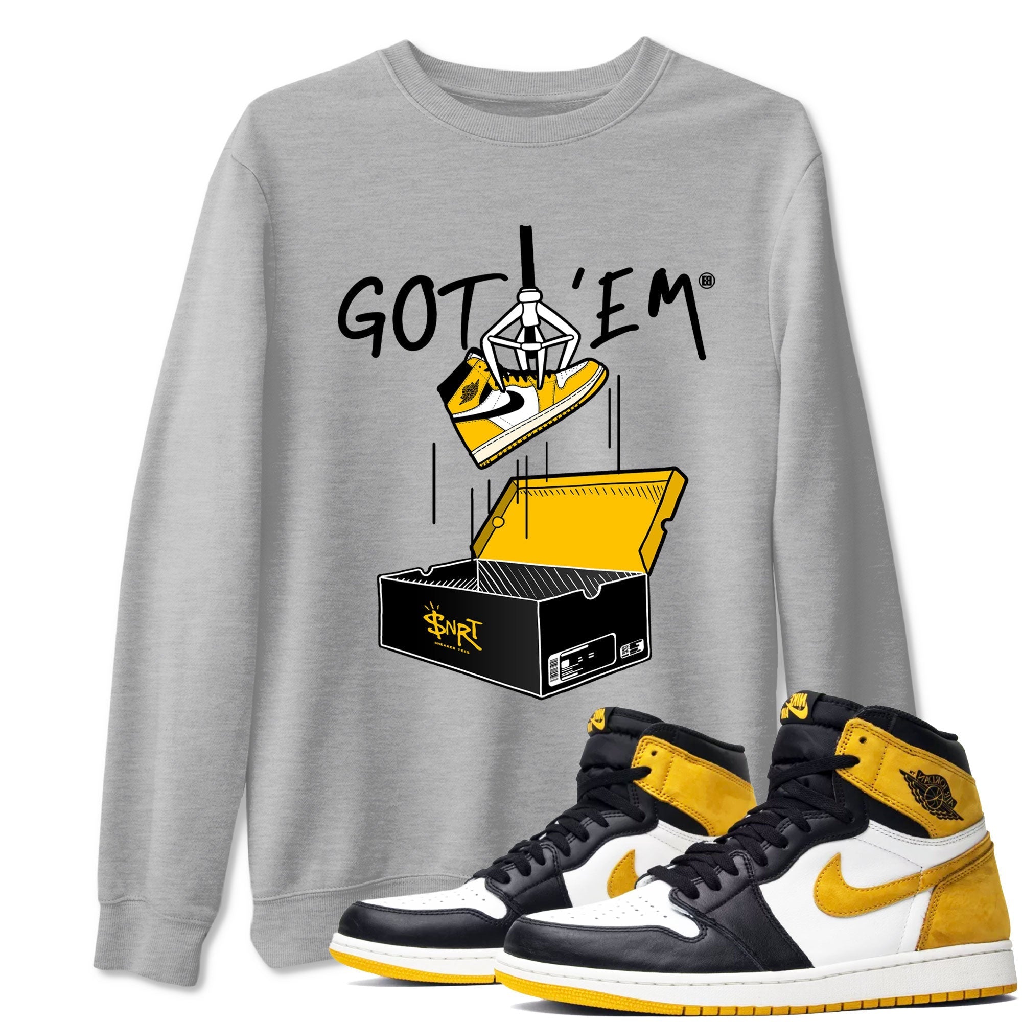 1s Yellow Ochre AJ1 Yellow Toe shirt to match jordans New Treasure Hunter sneaker tees streetwear brand Air Jordan 1 Yellow Ochre Drip Gear Zone Brand unisex cotton Heather Grey 1 crew neck shirt