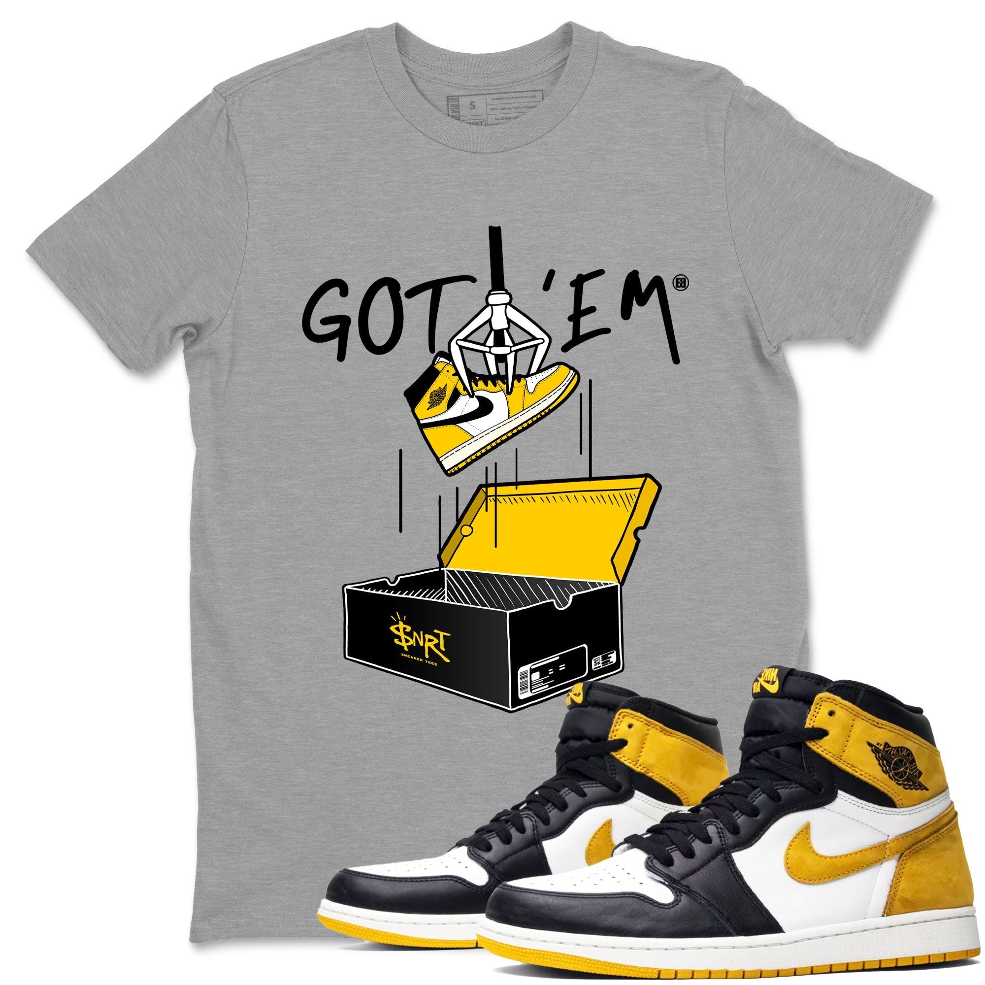 1s Yellow Ochre AJ1 Yellow Toe shirt to match jordans New Treasure Hunter sneaker tees streetwear brand Air Jordan 1 Yellow Ochre Drip Gear Zone Brand unisex cotton Heather Grey 1 crew neck shirt