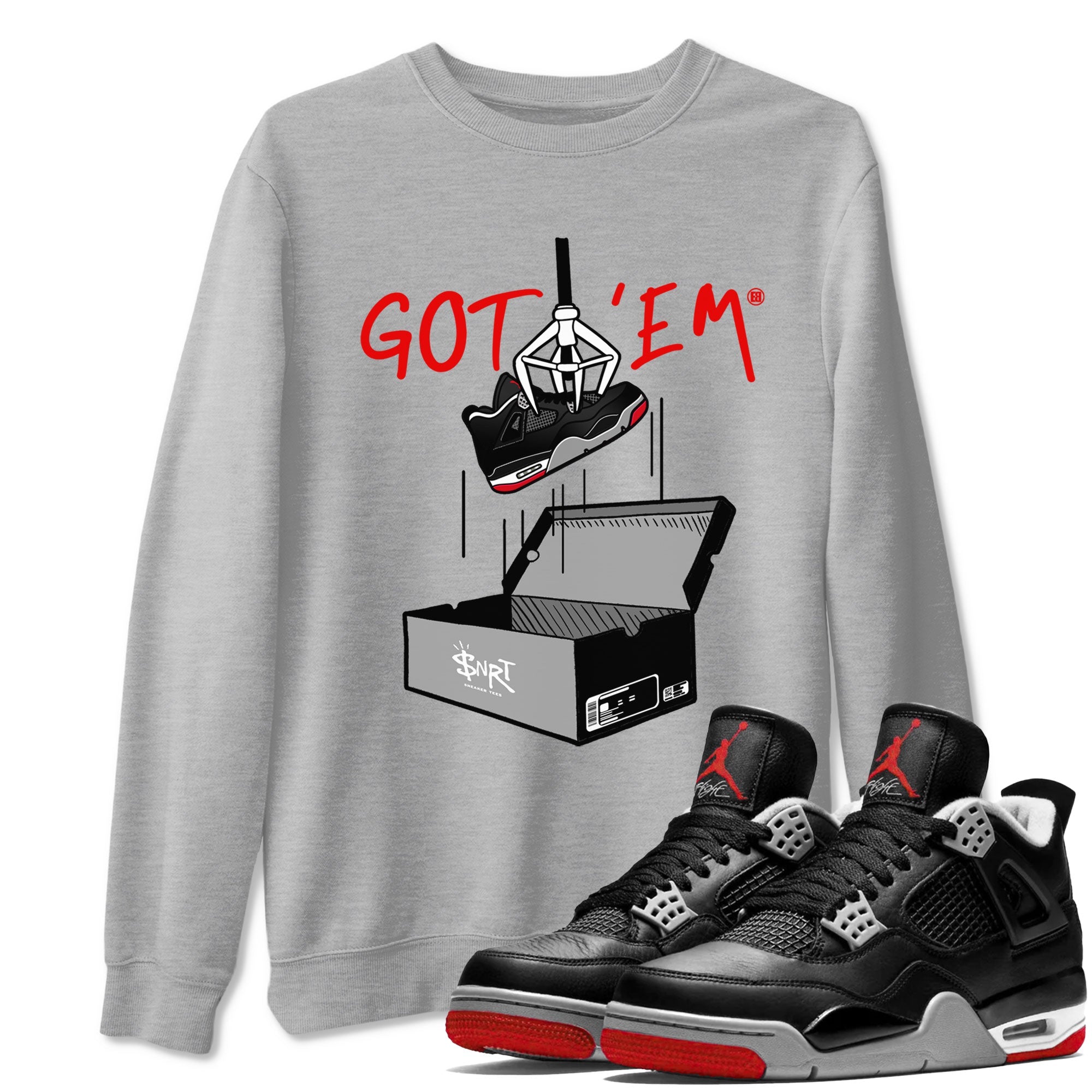 AJ4 Bred Reimagined shirt to match jordans New Treasure Hunter sneaker tees Air Jordan 4 Bred Reimagined Drip Gear Zone unisex cotton Heather Grey 1 crew neck shirt
