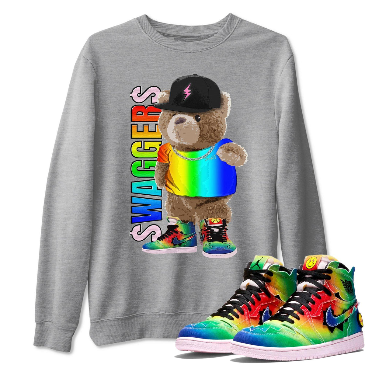 Jordan 1 J Balvin Sneaker Matching T-Shirt Bear Swaggers Sneaker Tees Jordan 1 J Balvin Sneaker Release Tees Crew Neck Tees