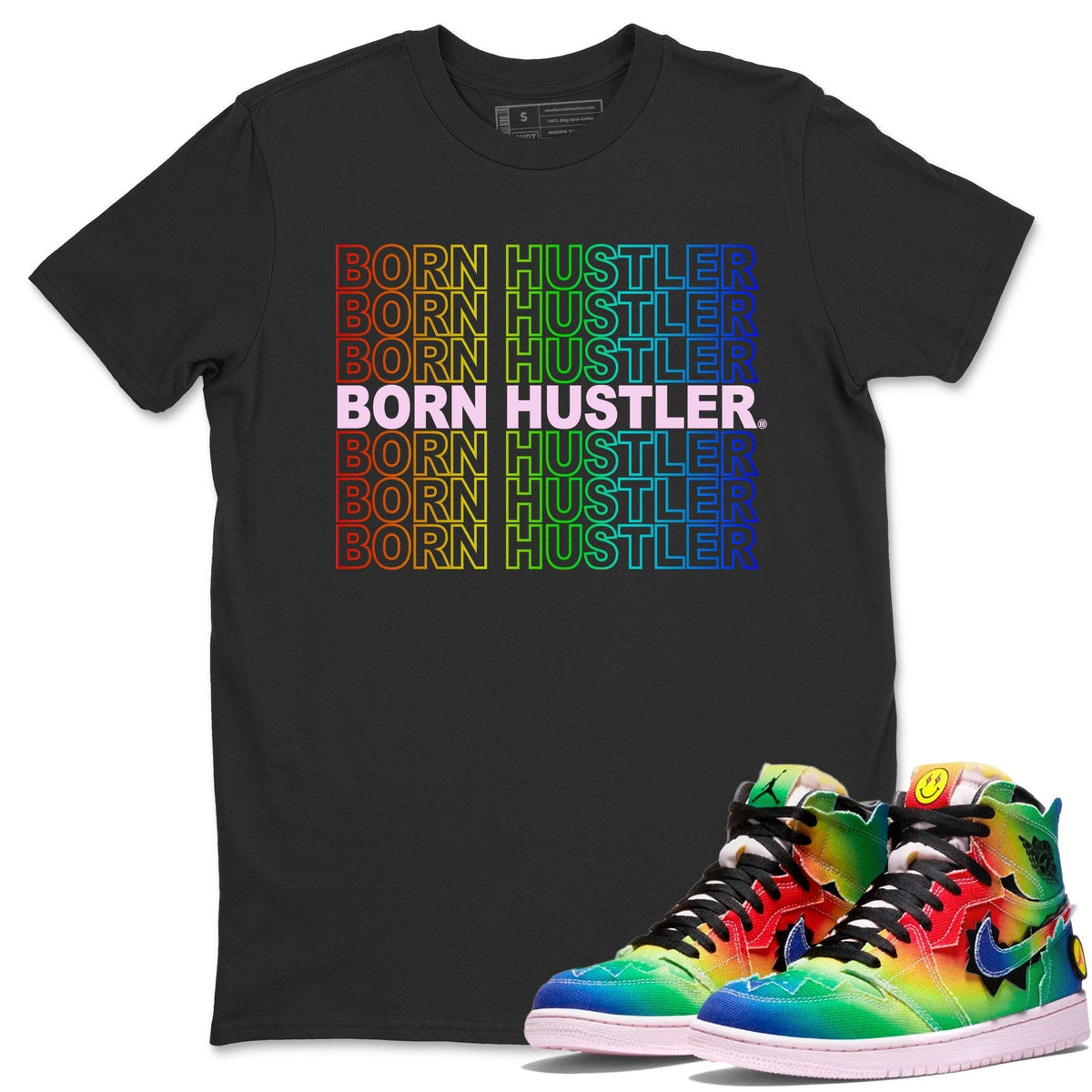 Jordan 1 J Balvin Sneaker Matching T-Shirt Born Hustler Sneaker Tees Jordan 1 J Balvin Sneaker Release Tees Crew Neck Tees