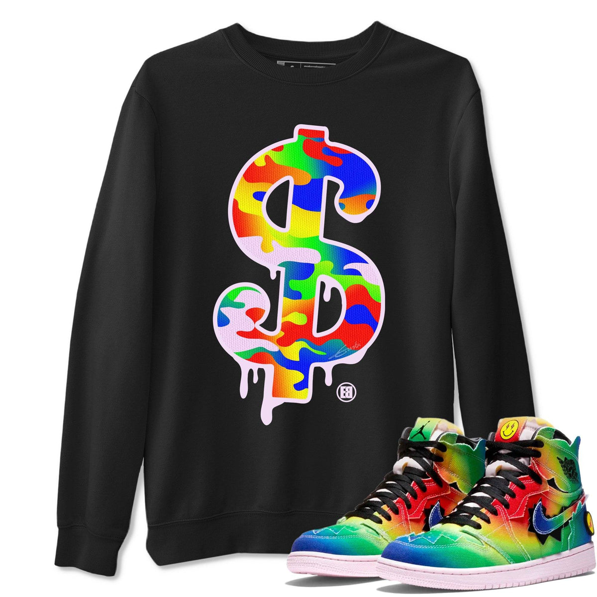 Jordan 1 J Balvin Sneaker Matching T-Shirt Dollar Camo Sneaker Tees Jordan 1 J Balvin Sneaker Release Tees Crew Neck Tees