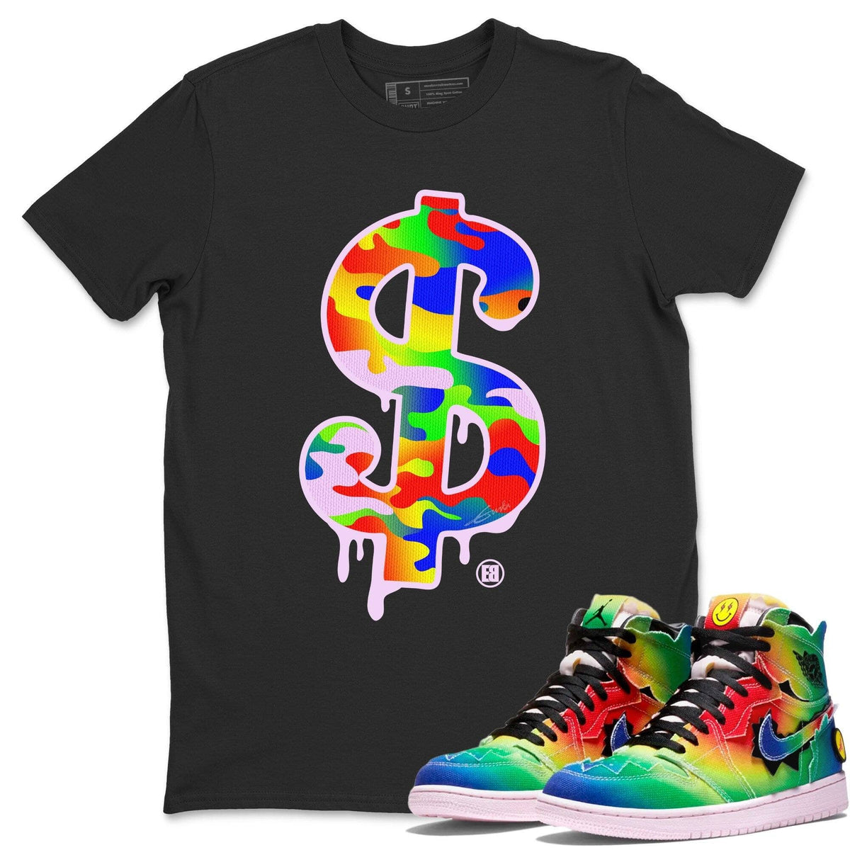 Jordan 1 J Balvin Sneaker Matching T-Shirt Dollar Camo Sneaker Tees Jordan 1 J Balvin Sneaker Release Tees Crew Neck Tees