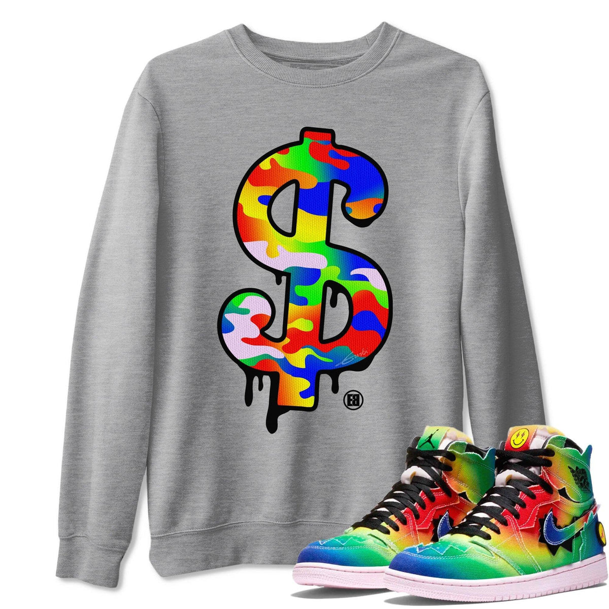 Jordan 1 J Balvin Sneaker Matching T-Shirt Dollar Camo Sneaker Tees Jordan 1 J Balvin Sneaker Release Tees Crew Neck Tees