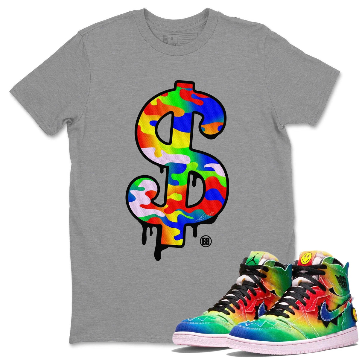 Jordan 1 J Balvin Sneaker Matching T-Shirt Dollar Camo Sneaker Tees Jordan 1 J Balvin Sneaker Release Tees Crew Neck Tees