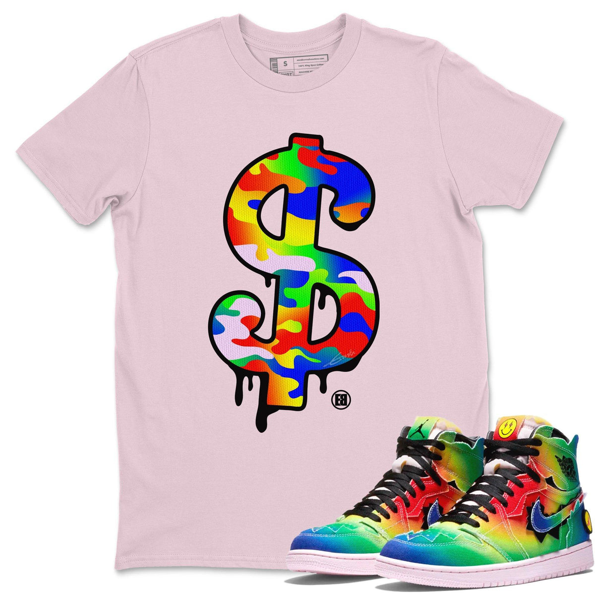 Jordan 1 J Balvin Sneaker Matching T-Shirt Dollar Camo Sneaker Tees Jordan 1 J Balvin Sneaker Release Tees Crew Neck Tees