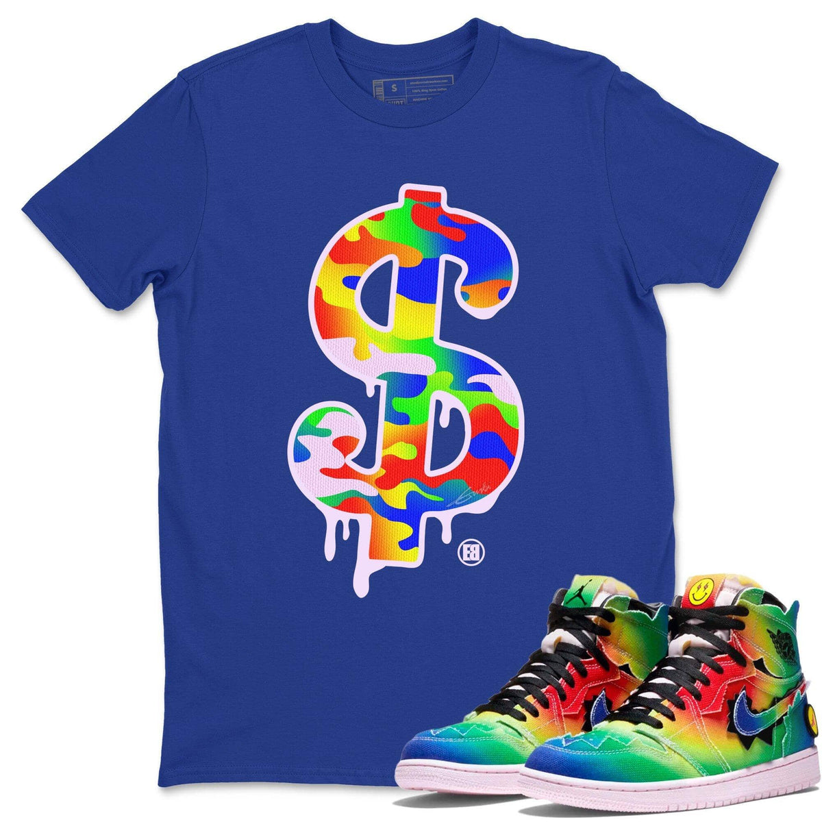 Jordan 1 J Balvin Sneaker Matching T-Shirt Dollar Camo Sneaker Tees Jordan 1 J Balvin Sneaker Release Tees Crew Neck Tees