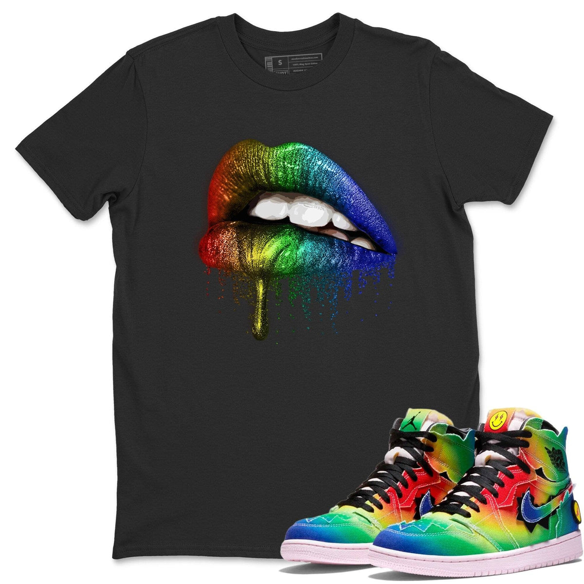 Jordan 1 J Balvin Sneaker Matching T-Shirt Dripping Lips Sneaker Tees Jordan 1 J Balvin Sneaker Release Tees Crew Neck Tees