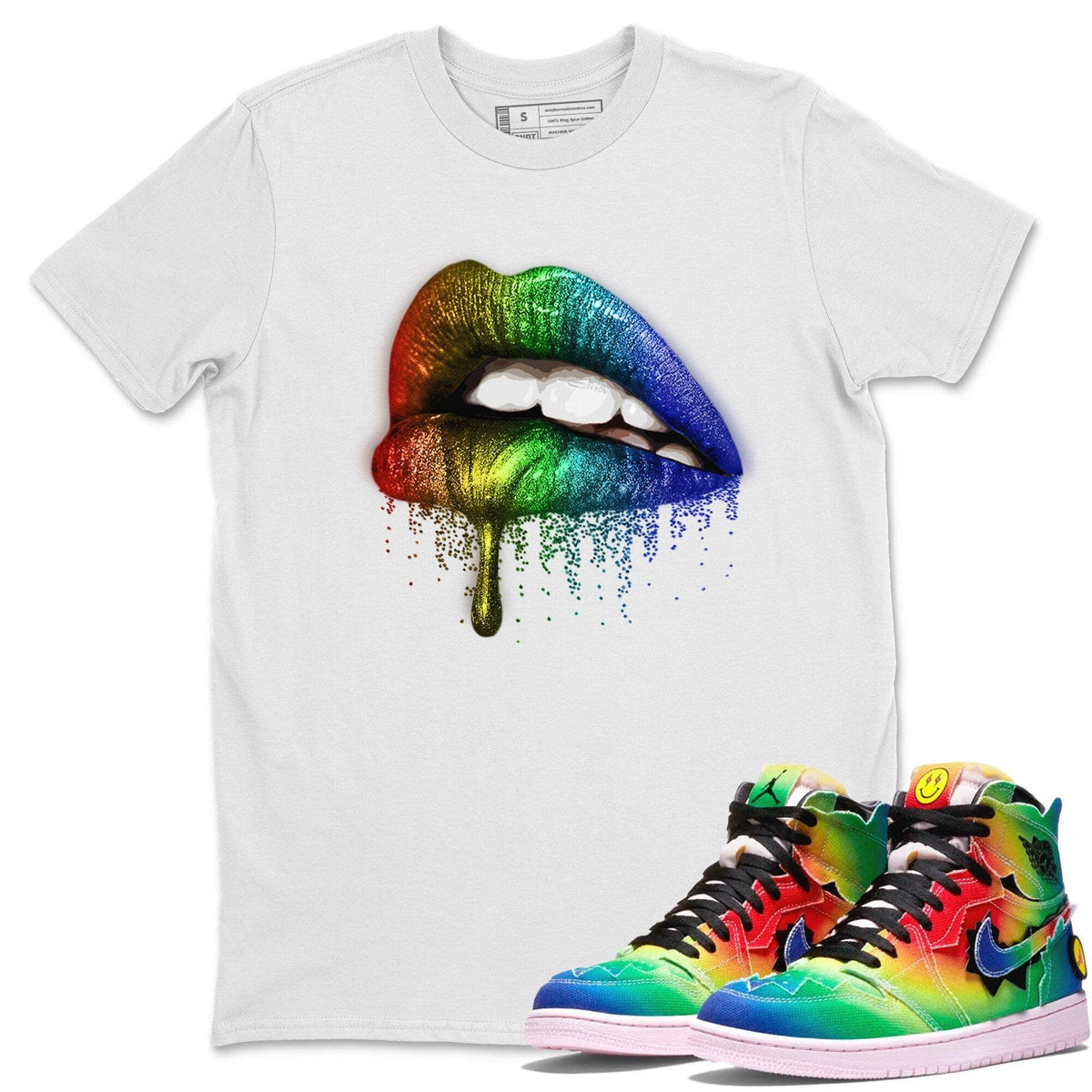 Jordan 1 J Balvin Sneaker Matching T-Shirt Dripping Lips Sneaker Tees Jordan 1 J Balvin Sneaker Release Tees Crew Neck Tees