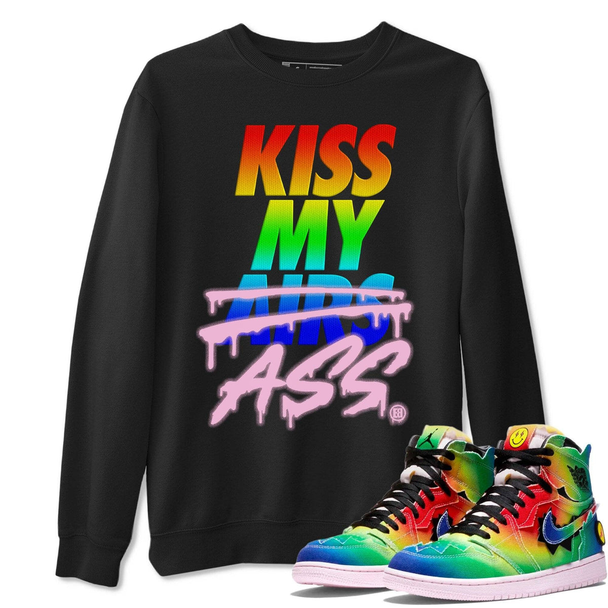 Jordan 1 J Balvin Sneaker Matching T-Shirt Kiss My Ass Sneaker Tees Jordan 1 J Balvin Sneaker Release Tees Crew Neck Tees