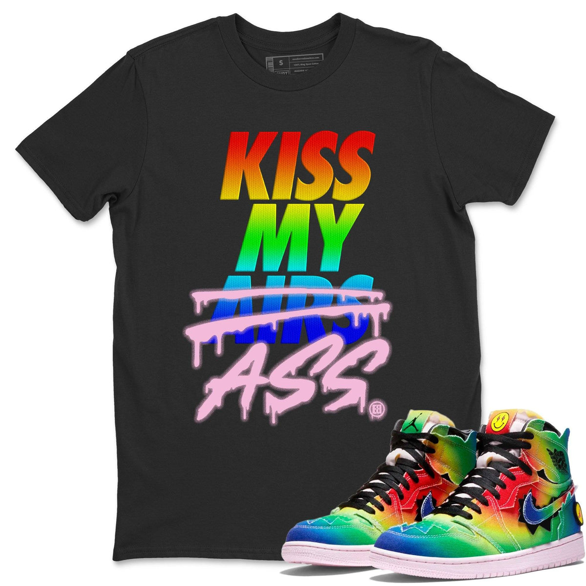 Jordan 1 J Balvin Sneaker Matching T-Shirt Kiss My Ass Sneaker Tees Jordan 1 J Balvin Sneaker Release Tees Crew Neck Tees