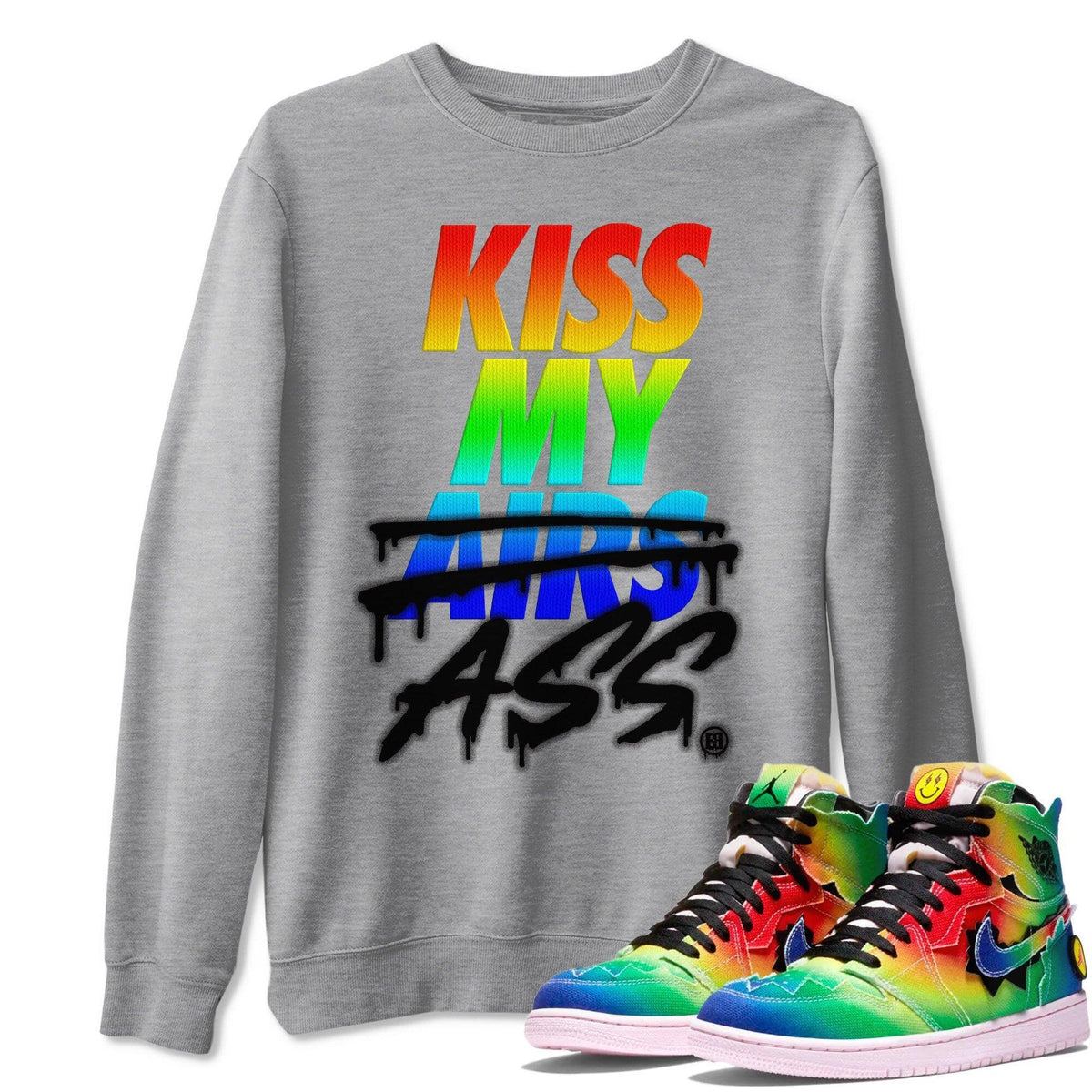 Jordan 1 J Balvin Sneaker Matching T-Shirt Kiss My Ass Sneaker Tees Jordan 1 J Balvin Sneaker Release Tees Crew Neck Tees