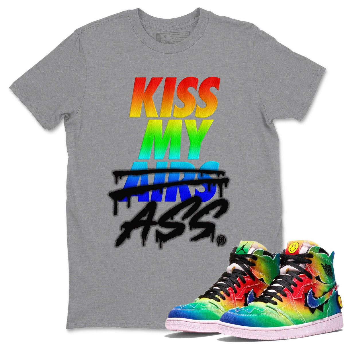 Jordan 1 J Balvin Sneaker Matching T-Shirt Kiss My Ass Sneaker Tees Jordan 1 J Balvin Sneaker Release Tees Crew Neck Tees