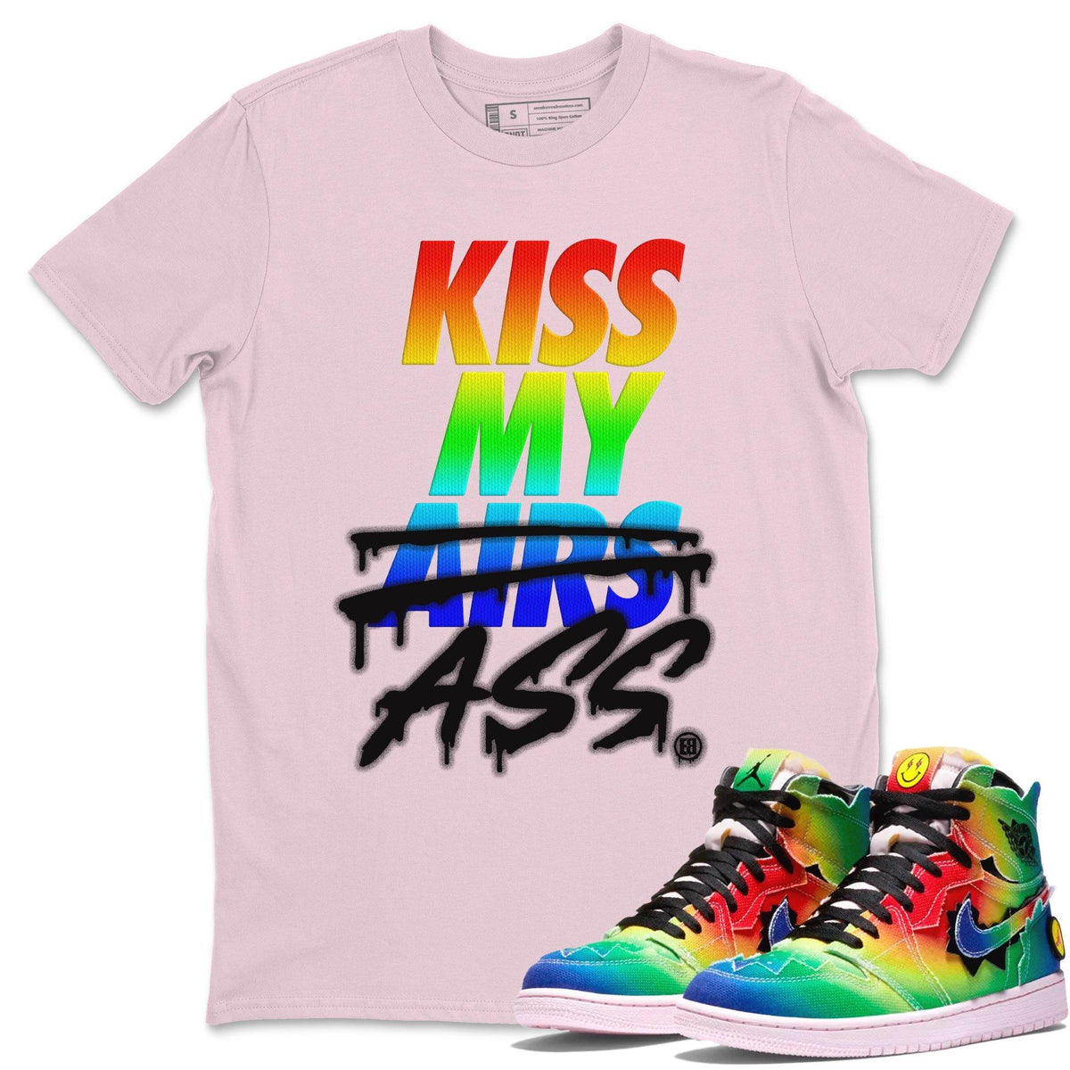 Jordan 1 J Balvin Sneaker Matching T-Shirt Kiss My Ass Sneaker Tees Jordan 1 J Balvin Sneaker Release Tees Crew Neck Tees