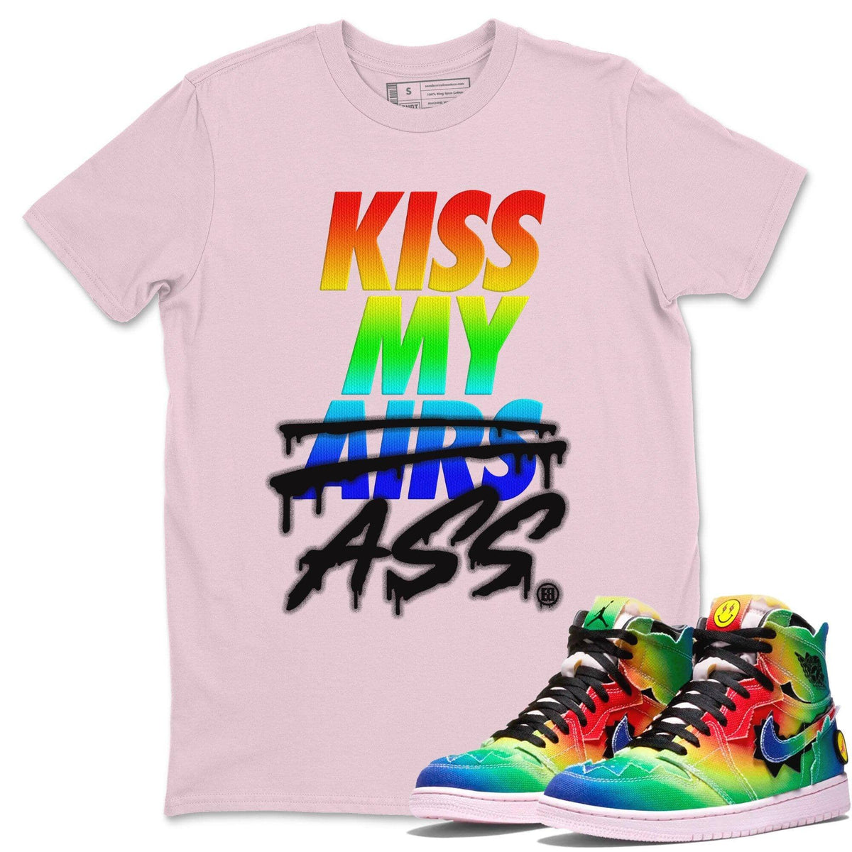 Jordan 1 J Balvin Sneaker Matching T-Shirt Kiss My Ass Sneaker Tees Jordan 1 J Balvin Sneaker Release Tees Crew Neck Tees