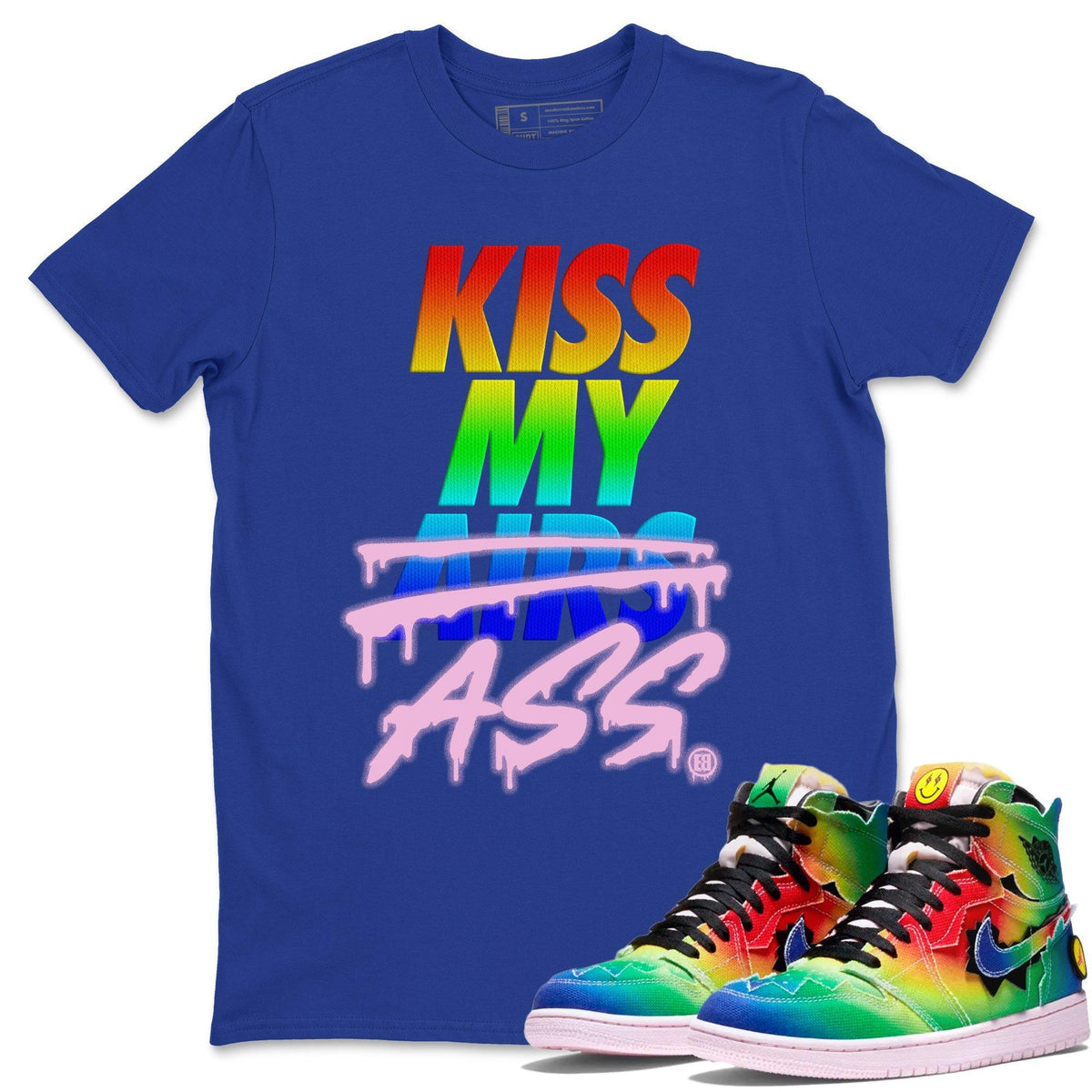 Jordan 1 J Balvin Sneaker Matching T-Shirt Kiss My Ass Sneaker Tees Jordan 1 J Balvin Sneaker Release Tees Crew Neck Tees