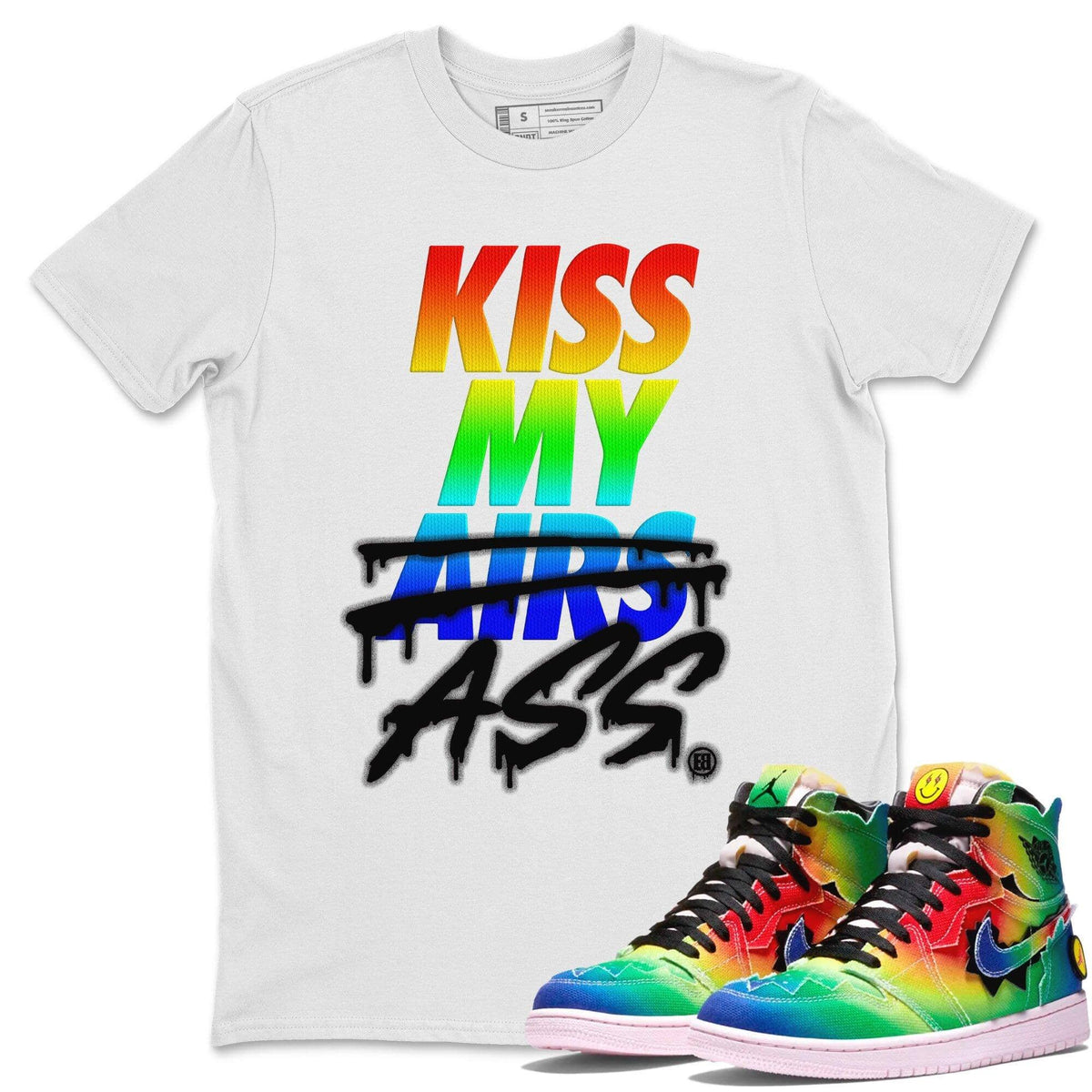Jordan 1 J Balvin Sneaker Matching T-Shirt Kiss My Ass Sneaker Tees Jordan 1 J Balvin Sneaker Release Tees Crew Neck Tees