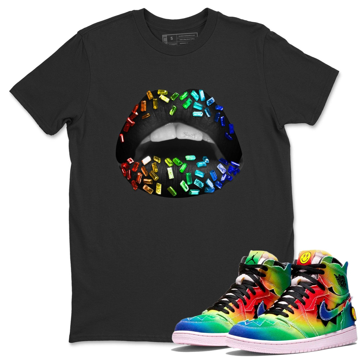 Jordan 1 J Balvin Sneaker Matching T-Shirt Lips Jewel Sneaker Tees Jordan 1 J Balvin Sneaker Release Tees Crew Neck Tees