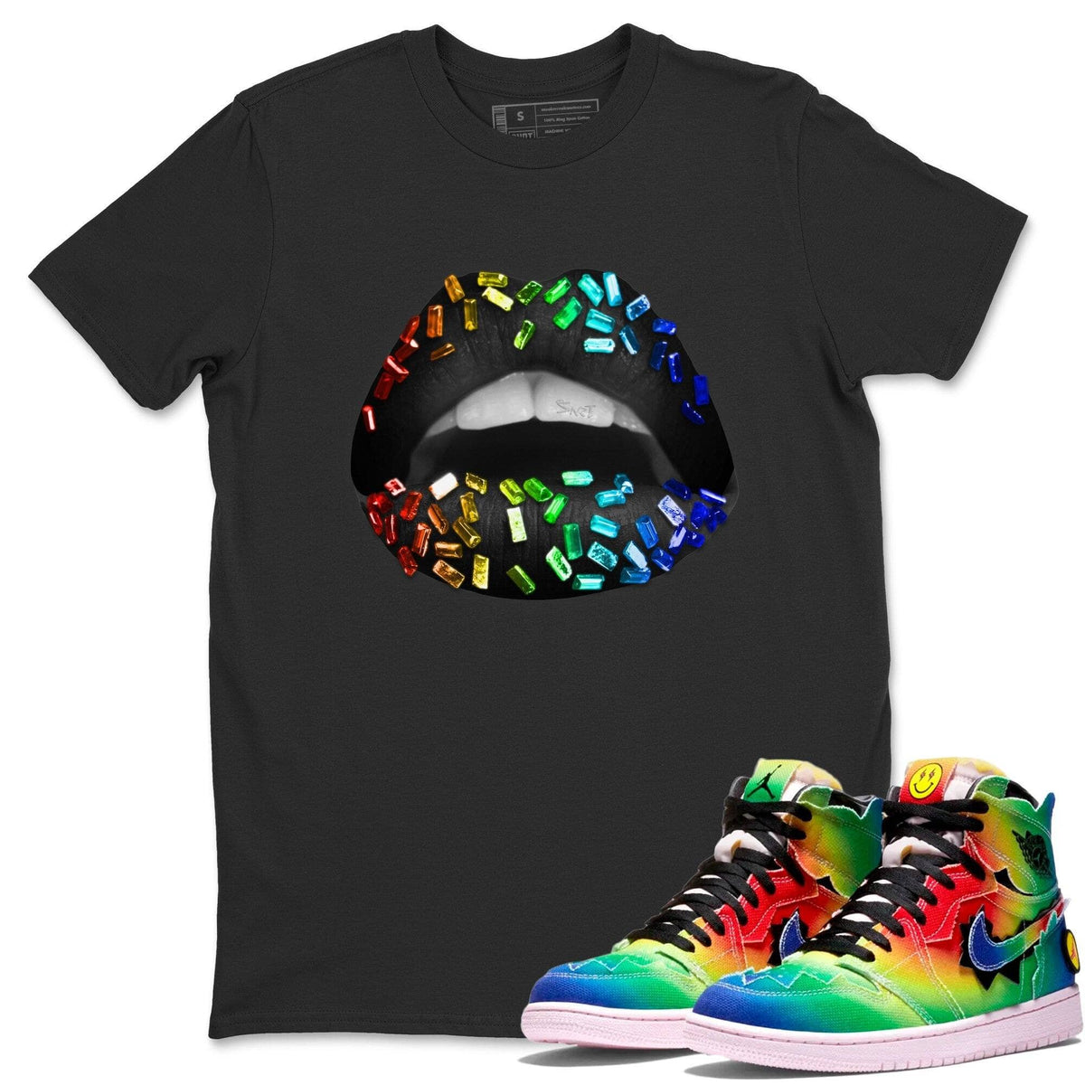 Jordan 1 J Balvin Sneaker Matching T-Shirt Lips Jewel Sneaker Tees Jordan 1 J Balvin Sneaker Release Tees Crew Neck Tees