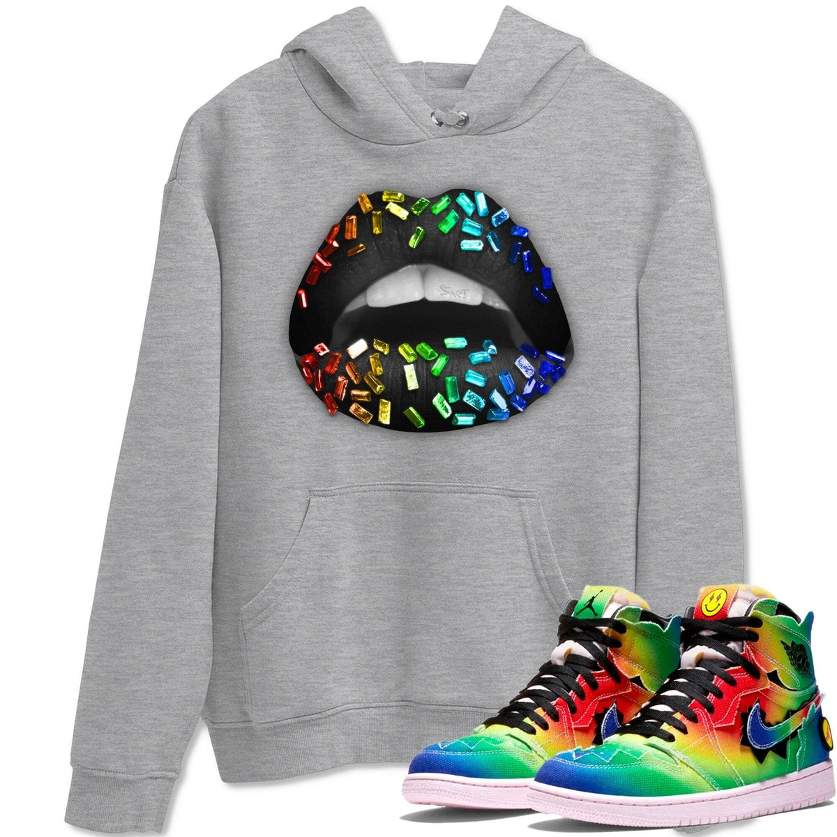 Jordan 1 J Balvin Sneaker Matching T-Shirt Lips Jewel Sneaker Tees Jordan 1 J Balvin Sneaker Release Tees Crew Neck Tees
