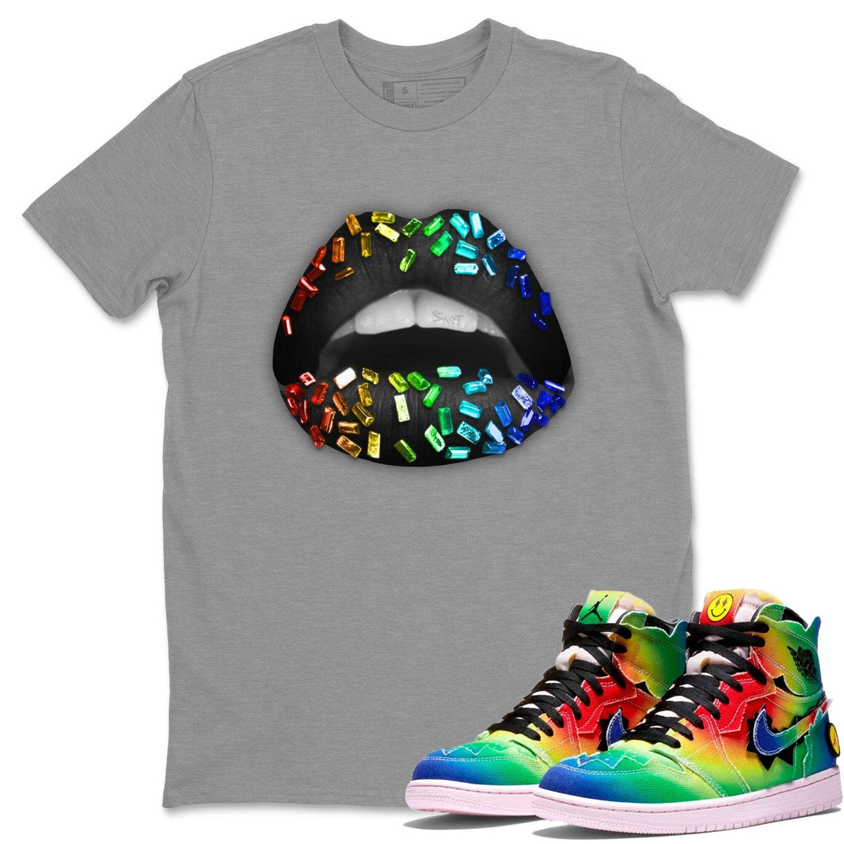 Jordan 1 J Balvin Sneaker Matching T-Shirt Lips Jewel Sneaker Tees Jordan 1 J Balvin Sneaker Release Tees Crew Neck Tees
