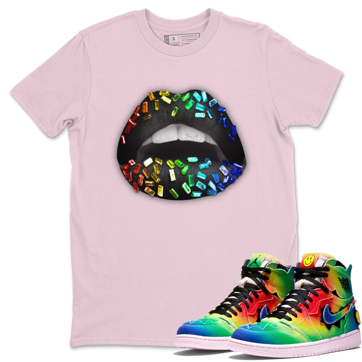Jordan 1 J Balvin Sneaker Matching T-Shirt Lips Jewel Sneaker Tees Jordan 1 J Balvin Sneaker Release Tees Crew Neck Tees