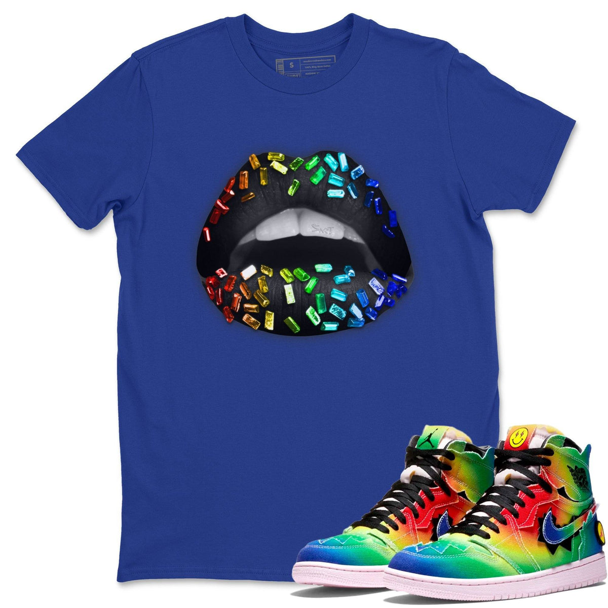 Jordan 1 J Balvin Sneaker Matching T-Shirt Lips Jewel Sneaker Tees Jordan 1 J Balvin Sneaker Release Tees Crew Neck Tees