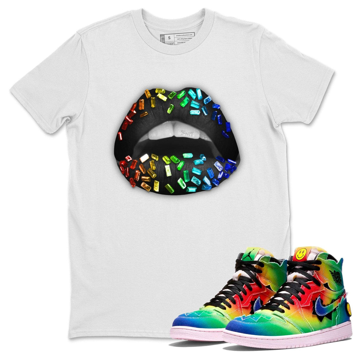 Jordan 1 J Balvin Sneaker Matching T-Shirt Lips Jewel Sneaker Tees Jordan 1 J Balvin Sneaker Release Tees Crew Neck Tees