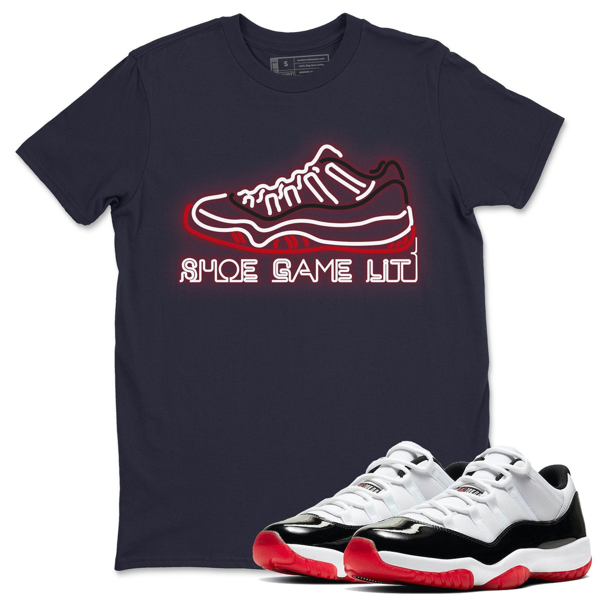 Jordan 11 Concord Bred Sneaker Matching T-Shirt  Shoe Game lit Sneaker Tees Jordan 11 Concord Bred Sneaker Release Tees Crew Neck Tees
