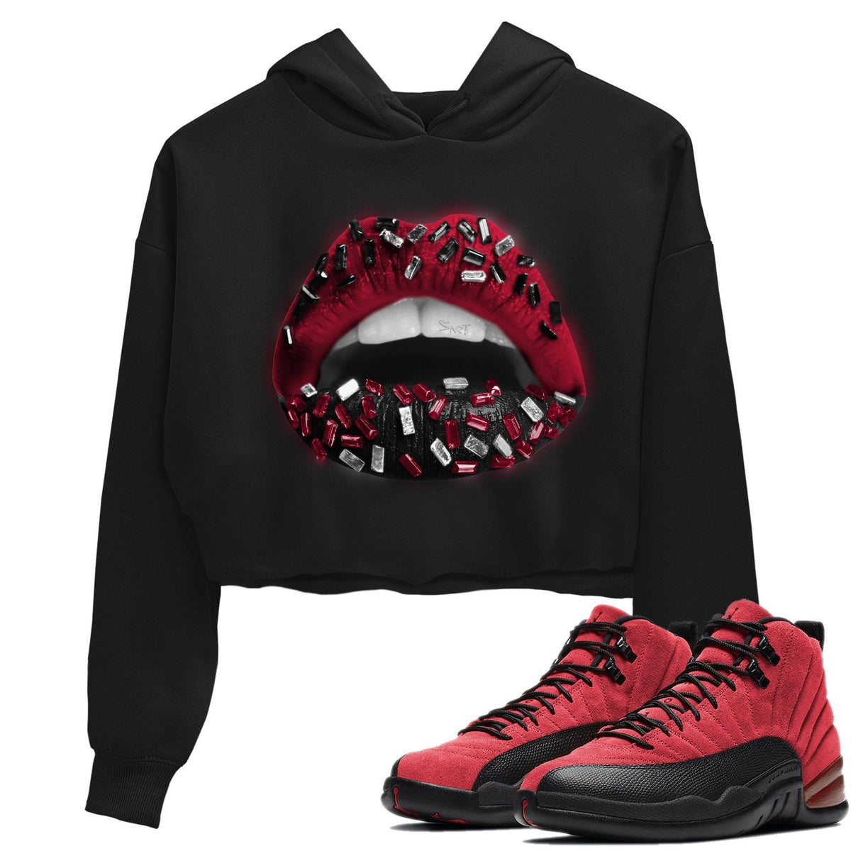 Jordan 12 Reverse Flu Game Sneaker Matching T-Shirt Lips Jewel Sneaker Tees Jordan 12 Reverse Flu Game Sneaker Release Tees Women's Shirts