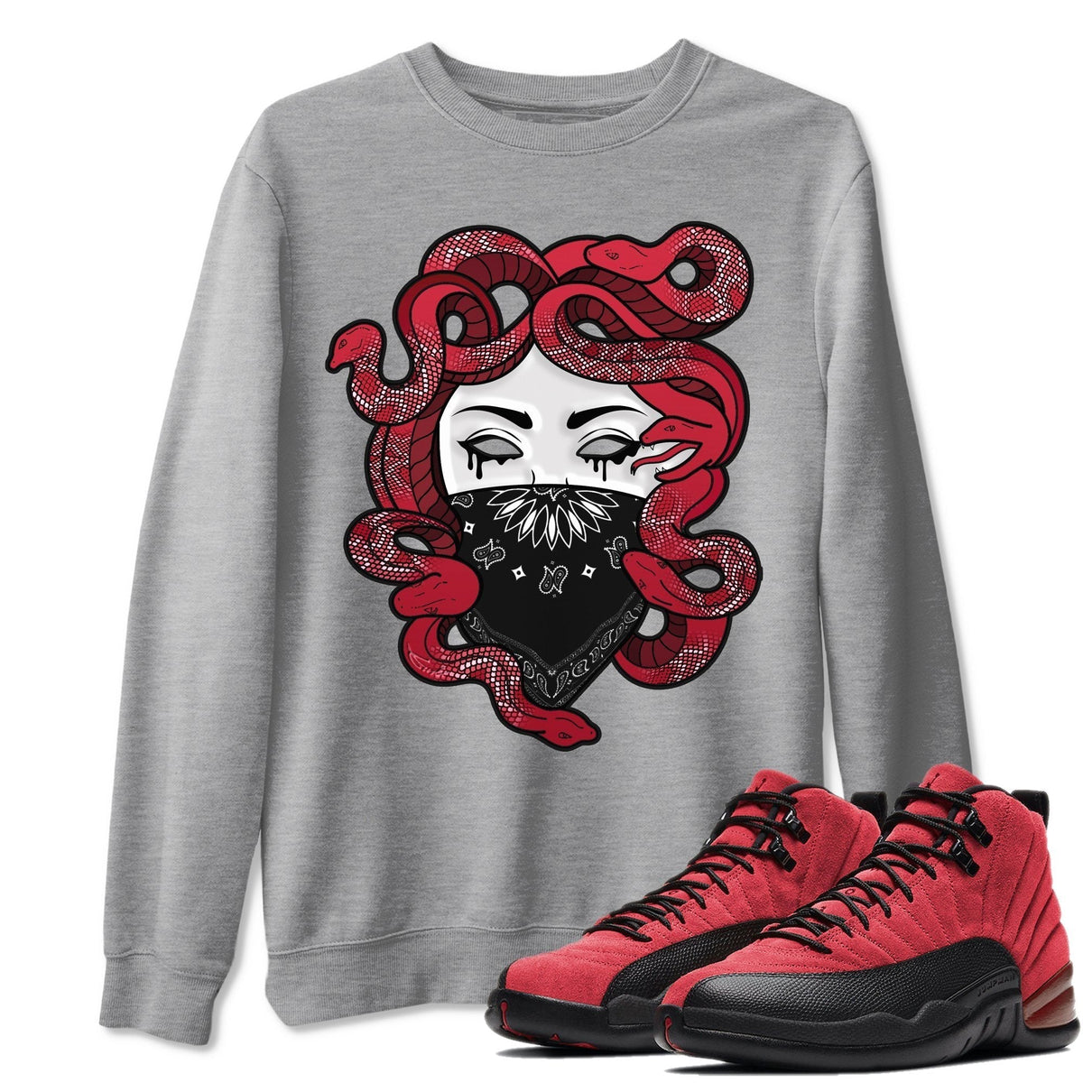 Jordan 12 Reverse Flu Game Shirt To Match Jordans Medusa Sneaker Tees Jordan 12 Reverse Flu Game Drip Gear Zone Sneaker Matching Clothing Unisex Shirts