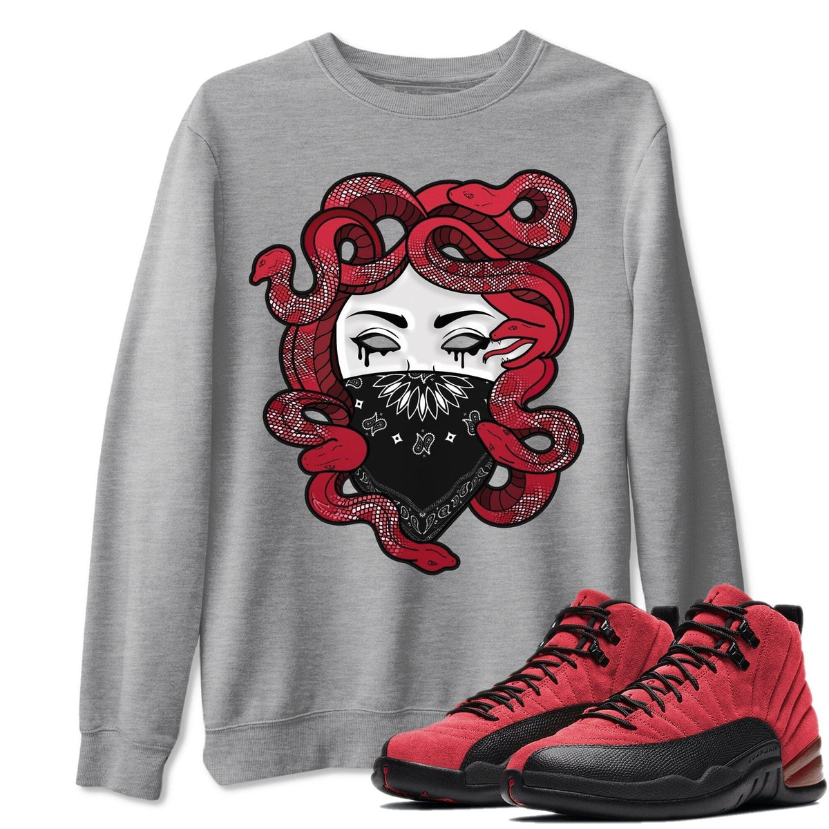 Jordan 12 Reverse Flu Game Shirt To Match Jordans Medusa Sneaker Tees Jordan 12 Reverse Flu Game Drip Gear Zone Sneaker Matching Clothing Unisex Shirts