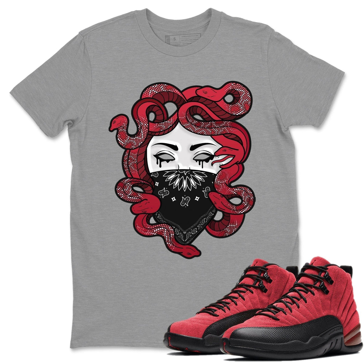 Jordan 12 Reverse Flu Game Shirt To Match Jordans Medusa Sneaker Tees Jordan 12 Reverse Flu Game Drip Gear Zone Sneaker Matching Clothing Unisex Shirts