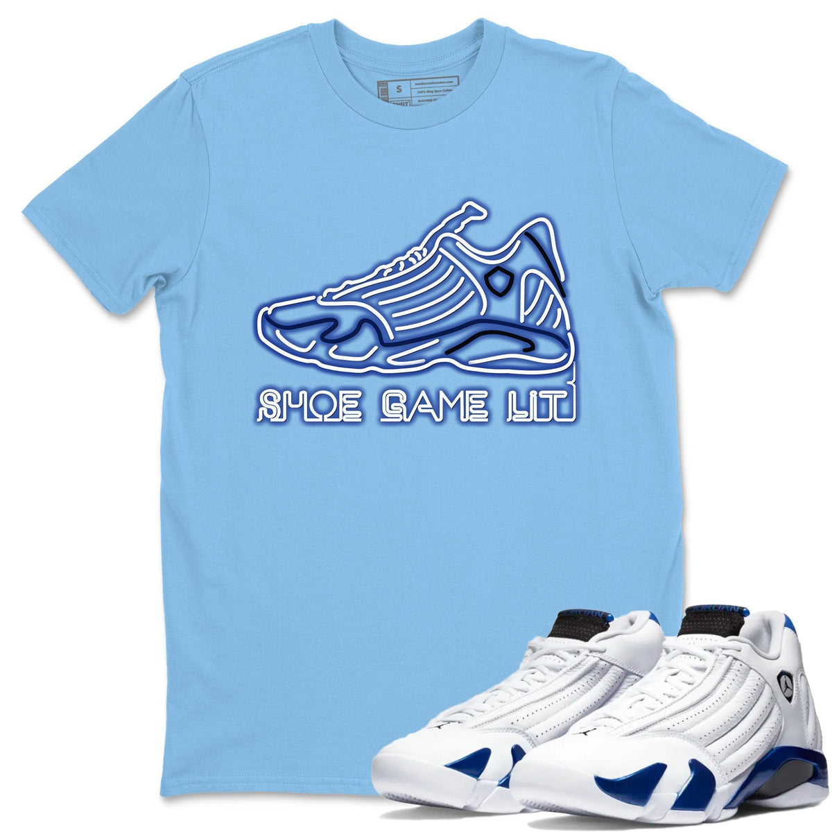 Jordan 14 Hyper Royal Sneaker Matching T-Shirt Shoe Game Lit Sneaker Tees Jordan 14 Hyper Royal Sneaker Release Tees Crew Neck Tees