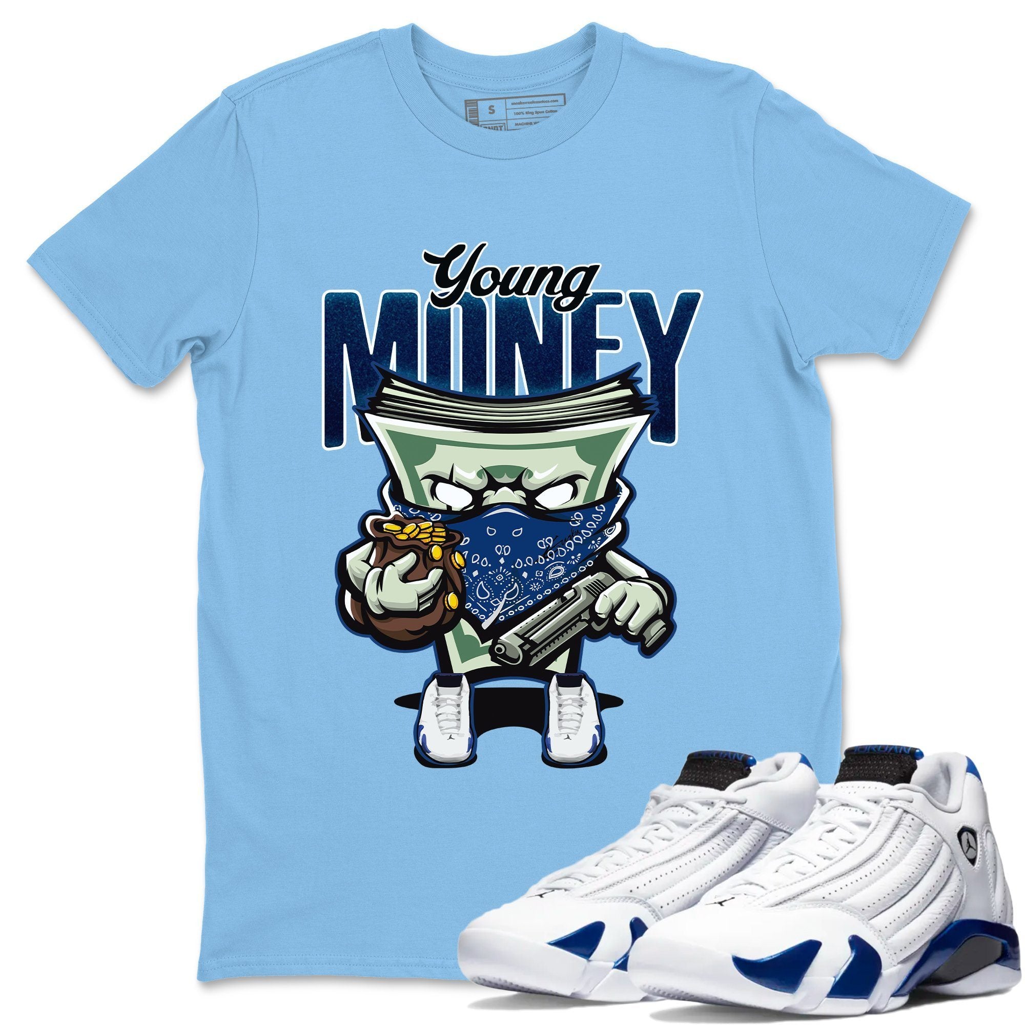 Jordan 14 Hyper Royal Sneaker Matching T-Shirt Young Money Sneaker Tees Jordan 14 Hyper Royal Sneaker Release Tees Crew Neck Tees