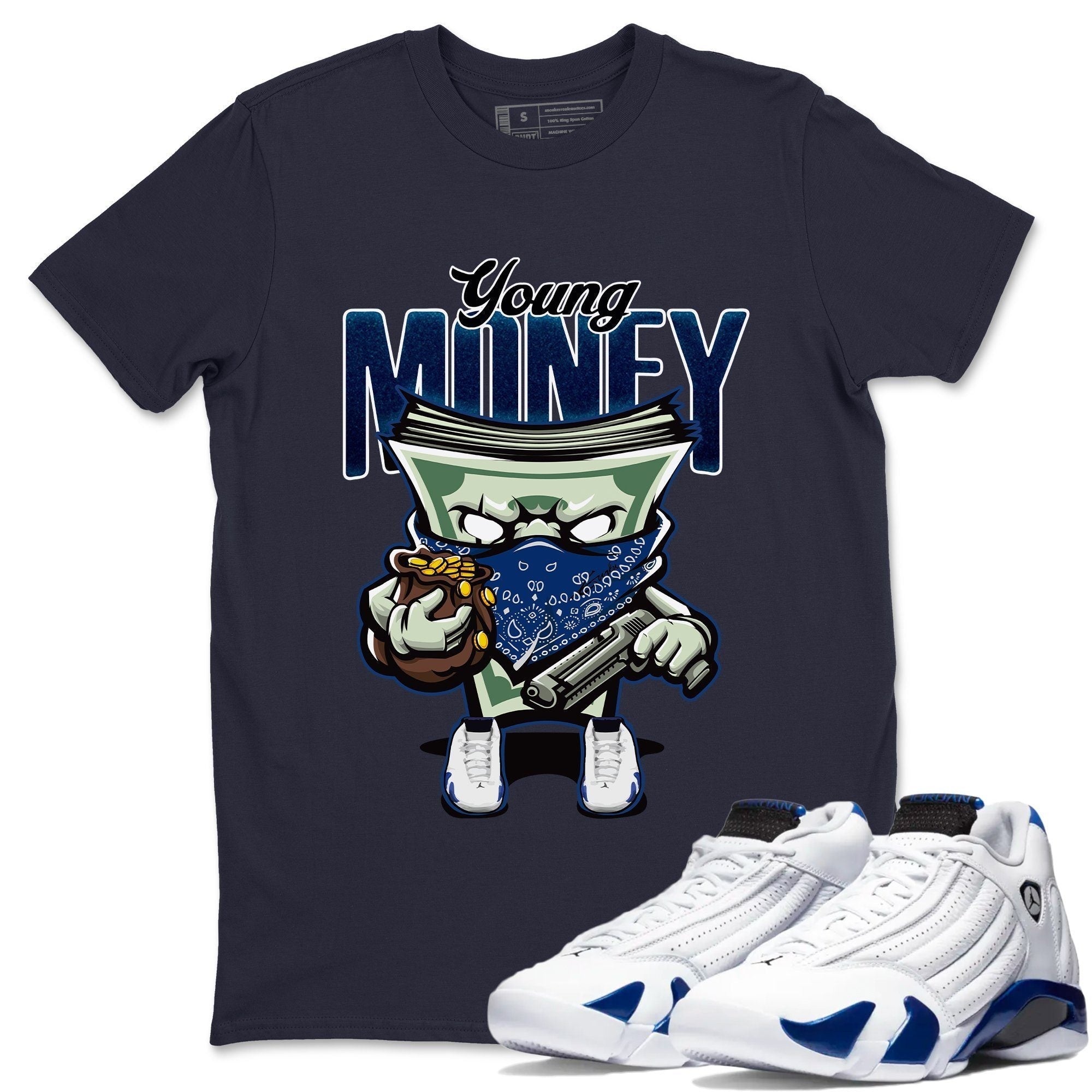 Jordan 14 Hyper Royal Sneaker Matching T-Shirt Young Money Sneaker Tees Jordan 14 Hyper Royal Sneaker Release Tees Crew Neck Tees