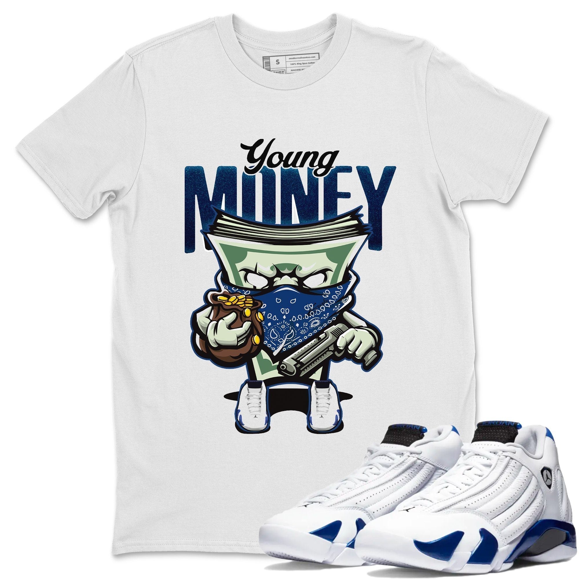 Jordan 14 Hyper Royal Sneaker Matching T-Shirt Young Money Sneaker Tees Jordan 14 Hyper Royal Sneaker Release Tees Crew Neck Tees