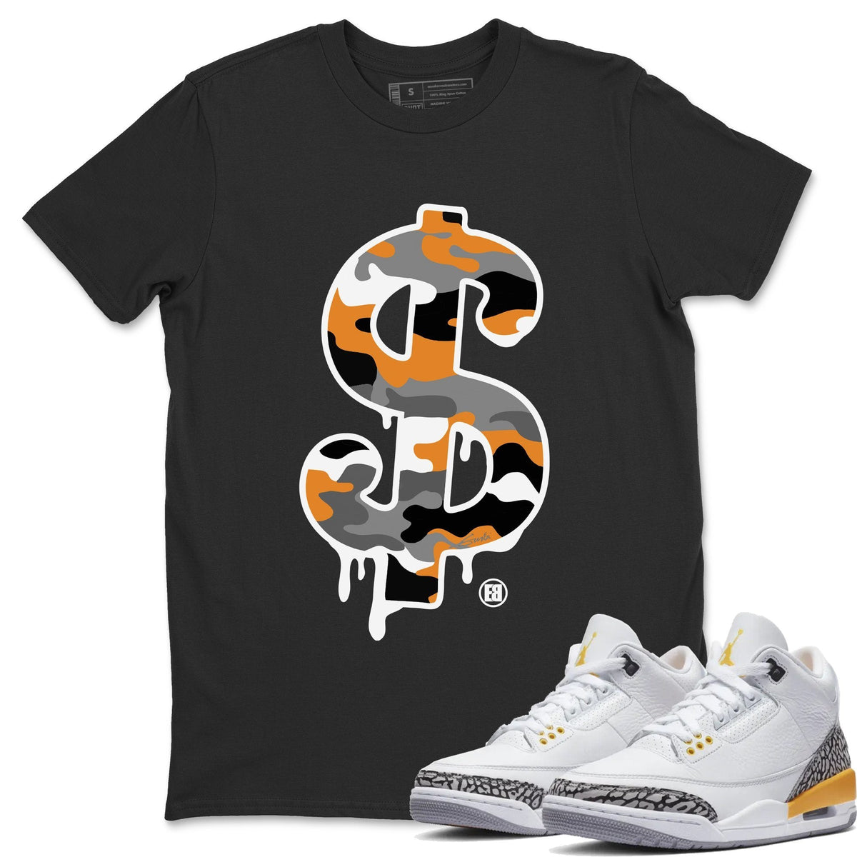 Jordan 3 Laser Orange Sneaker Matching T-Shirt Dollar Camo Sneaker Tees Jordan 3 Laser Orange Sneaker Release Tees Crew Neck Tees