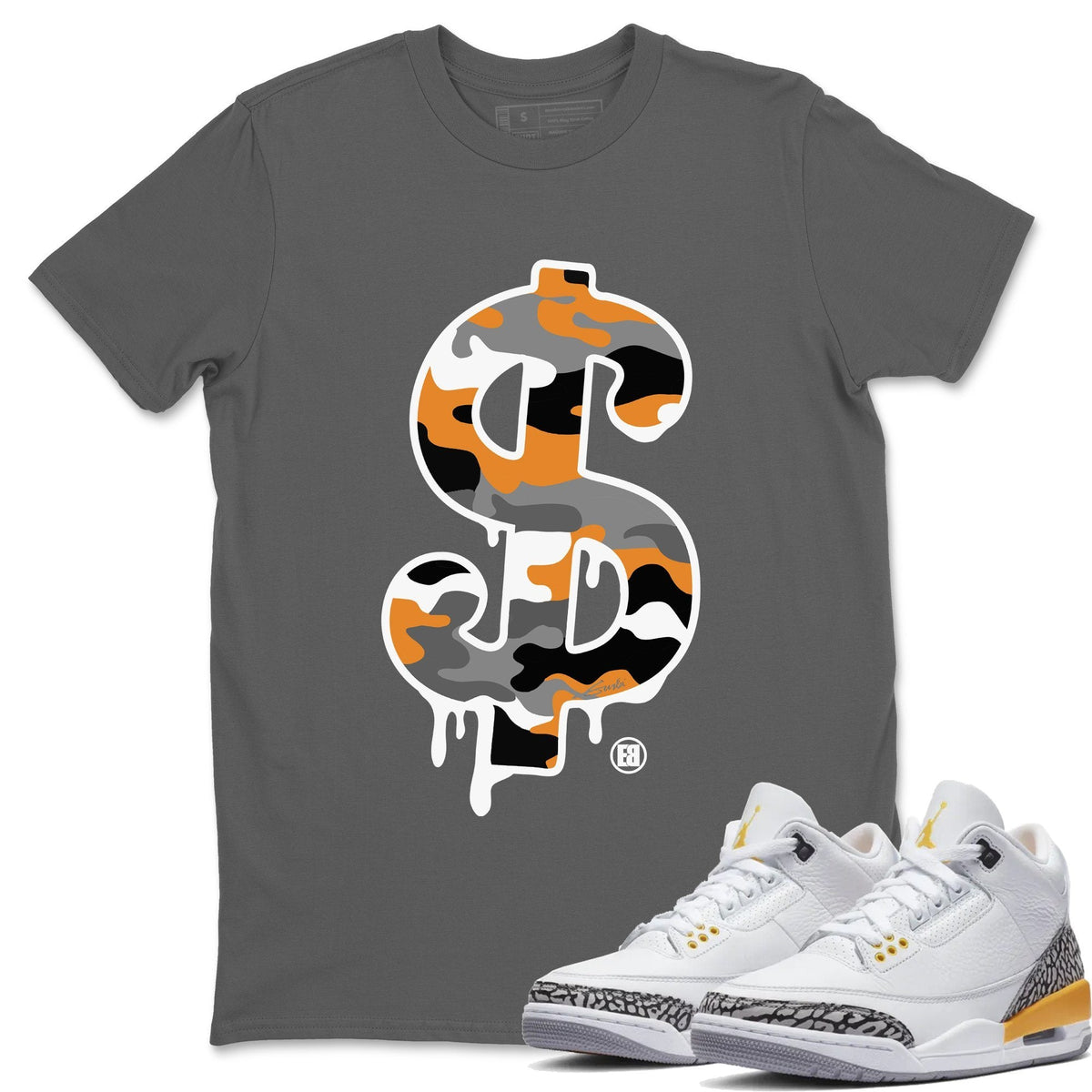 Jordan 3 Laser Orange Sneaker Matching T-Shirt Dollar Camo Sneaker Tees Jordan 3 Laser Orange Sneaker Release Tees Crew Neck Tees