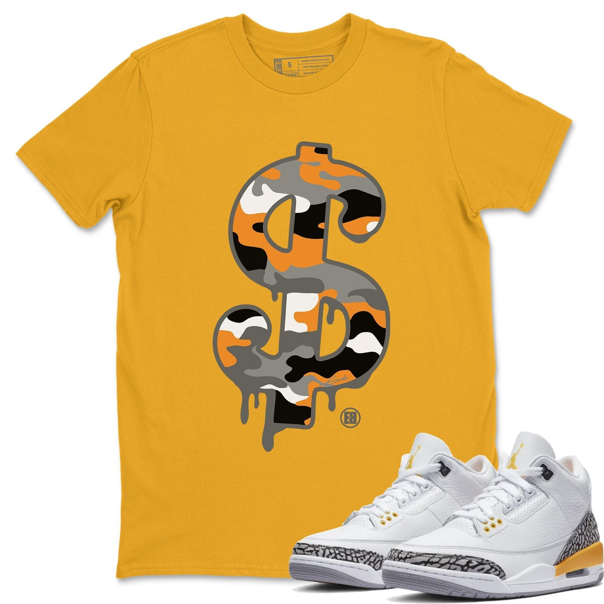 Jordan 3 Laser Orange Sneaker Matching T-Shirt Dollar Camo Sneaker Tees Jordan 3 Laser Orange Sneaker Release Tees Crew Neck Tees