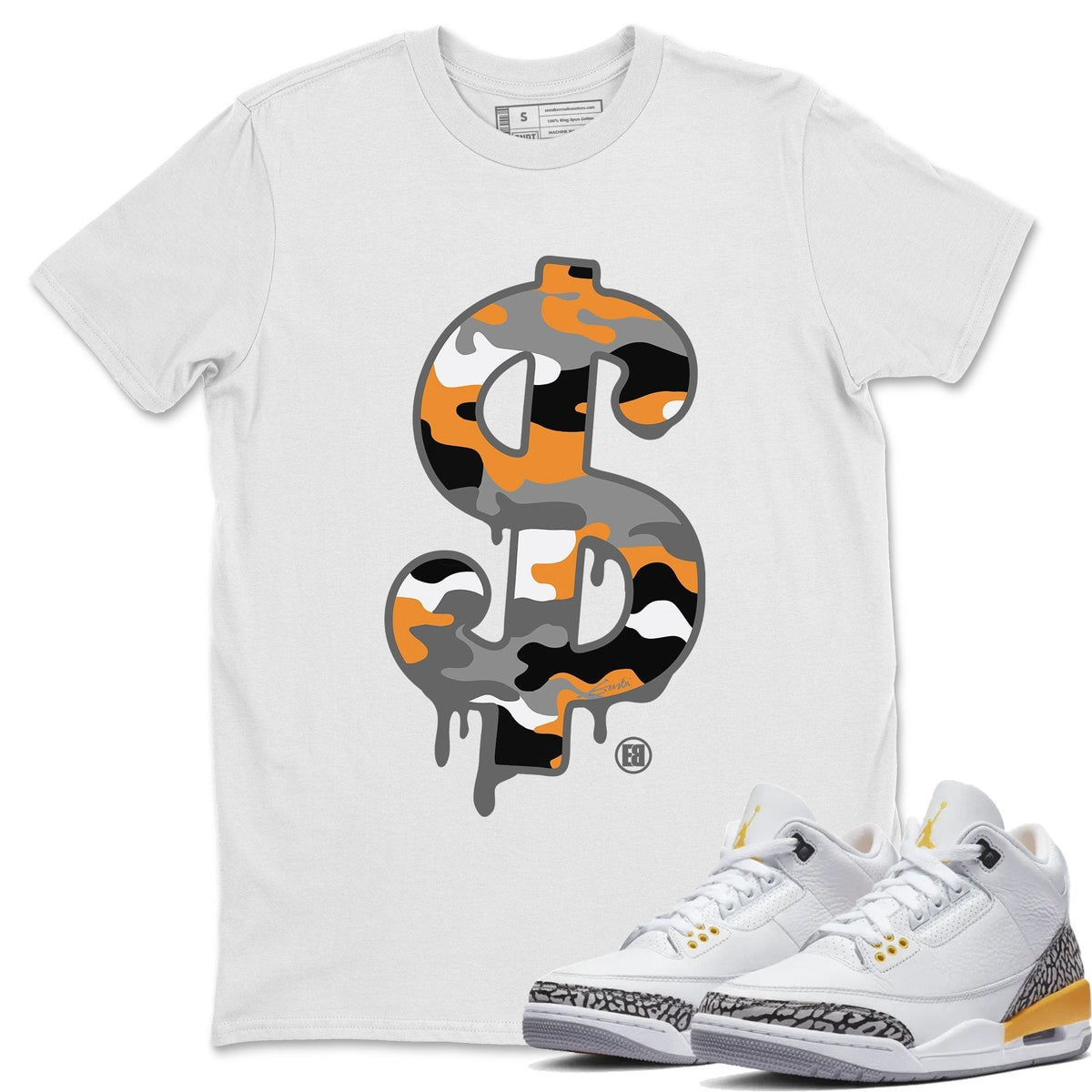 Jordan 3 Laser Orange Sneaker Matching T-Shirt Dollar Camo Sneaker Tees Jordan 3 Laser Orange Sneaker Release Tees Crew Neck Tees