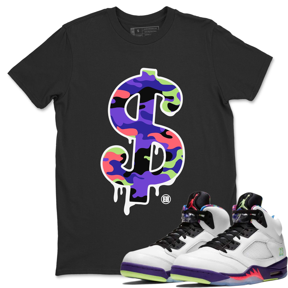 Jordan 5 Ghost Green Sneaker Matching T-Shirt Dollar Camo Sneaker Tees Jordan 5 Ghost Green Sneaker Release Tees Crew Neck Tees