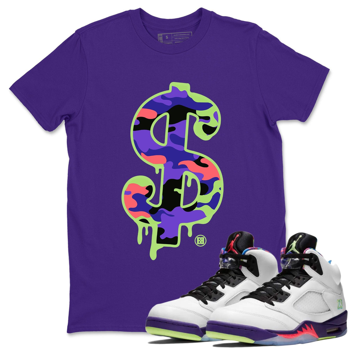 Jordan 5 Ghost Green Sneaker Matching T-Shirt Dollar Camo Sneaker Tees Jordan 5 Ghost Green Sneaker Release Tees Crew Neck Tees