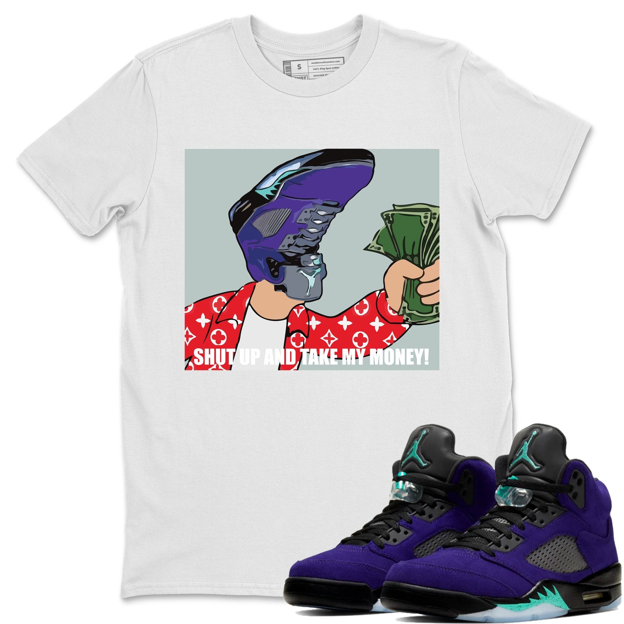 Jordan 5 Purple Grape Sneaker Matching T-Shirt Sneakerhead Meme Sneaker Tees Jordan 5 Purple Grape Sneaker Release Tees Crew Neck Tees