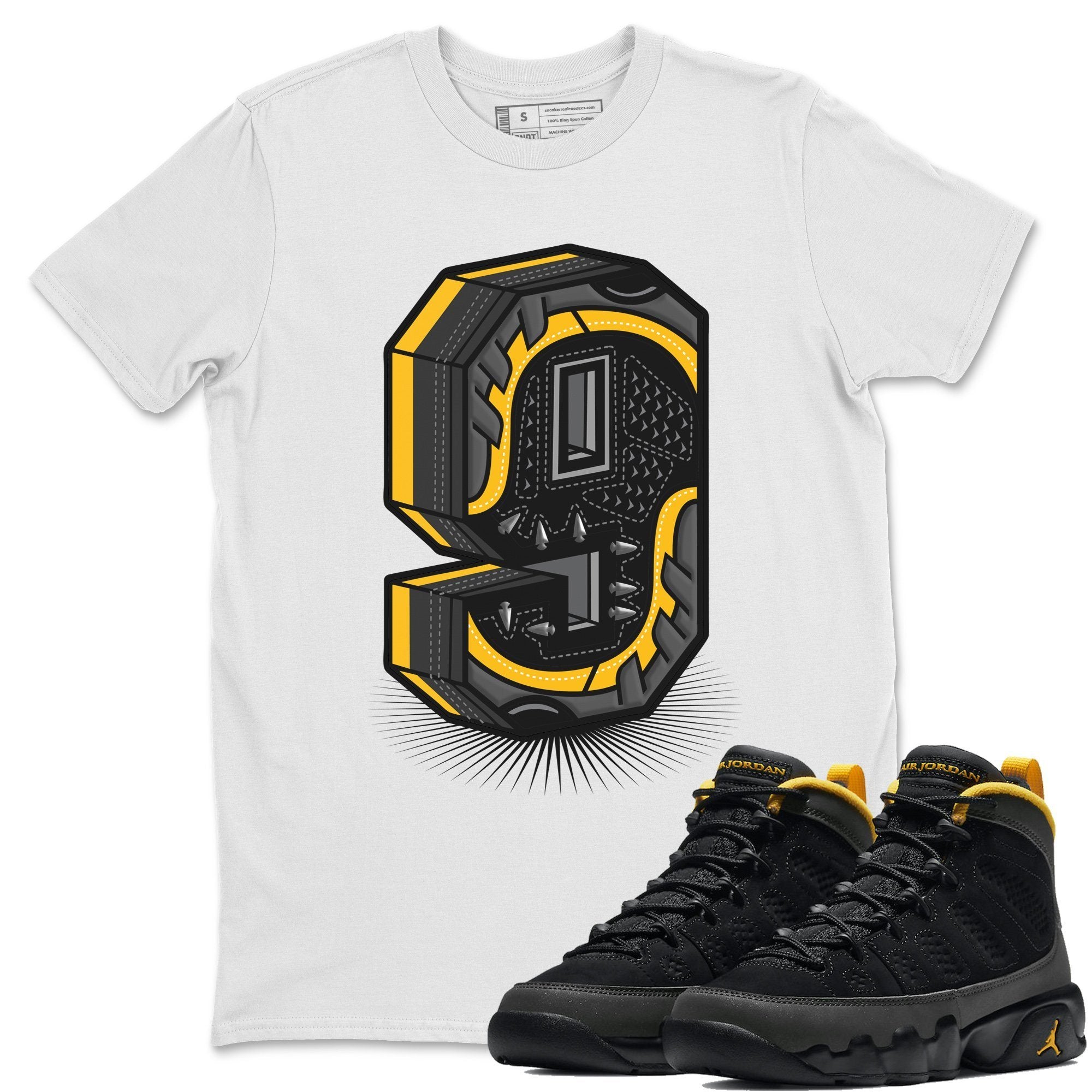 Jordan 9 University Gold Shirt To Match Jordans Nine Statue Sneaker Tees Jordan 9 University Gold Drip Gear Zone Sneaker Matching Clothing Unisex Shirts
