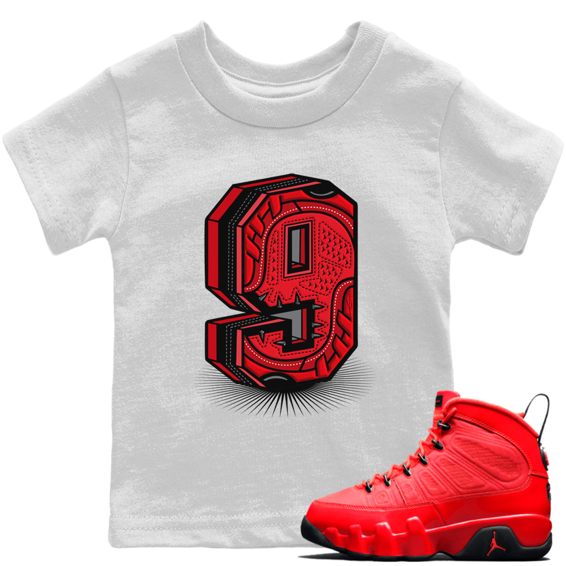 Jordan 9 Chile Red Shirt To Match Jordans Nine Statue Sneaker Tees Jordan 9 Chile Red Drip Gear Zone Sneaker Matching Clothing Kids Shirts